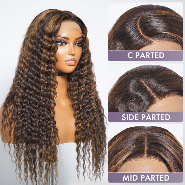 Boho-Chic | Chestnut Brown Highlights Bohemian Curly 5×5 Closure Lace Glueless Mid Part Long Wig 100% Human Hair