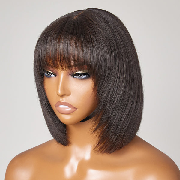 Put On and Go Reddish Purple / Brown Highlight / Natural Black Layered Cut Yaki Straight Minimalist Lace Bob Wig with Bangs