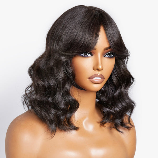 Points Rewards  | Mature Lady Short Loose Wave Minimalist Lace Wig With Bangs 100% Human Hair