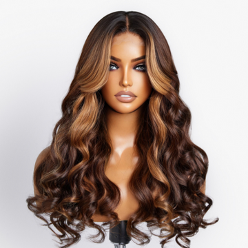 Curtain Bangs Chocolate Highlight Loose Wave Y-Shape Undetectable HD Lace Wig