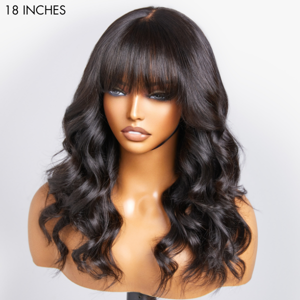 Loose Wave 5x5 Closure Lace Glueless Long Wig with Cute Bangs 100% Human Hair | Face-Framing