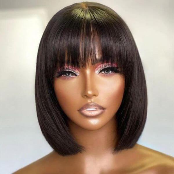 Realistic Yaki Bob Wig Straight Undetectable Lace Bob Wig With Bangs For Black Women