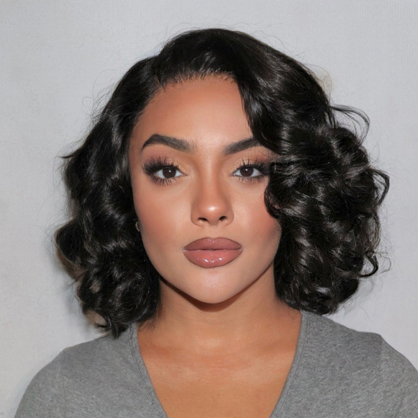 Newbie Only | Natural Black Roll Curly 4x4 Closure Lace Glueless C Part Short Wig 100% Human Hair