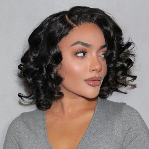 Newbie Only | Natural Black Roll Curly 4x4 Closure Lace Glueless C Part Short Wig 100% Human Hair