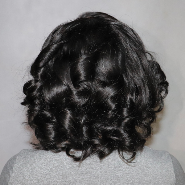 Natural Black Roll Curly 4x4 Closure Lace Glueless C Part Short Wig 100% Human Hair