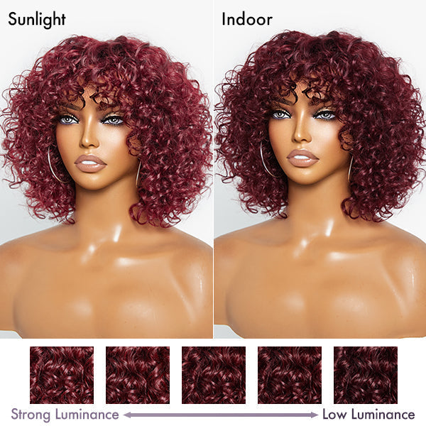 Beginner Friendly Dark Red Water Wave Glueless Minimalist Lace Wig with Bangs