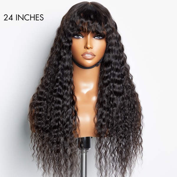 Boho-Chic | Romantic Bohemian Curly Minimalist Lace Glueless Long Wig with Cute Bangs 100% Human Hair