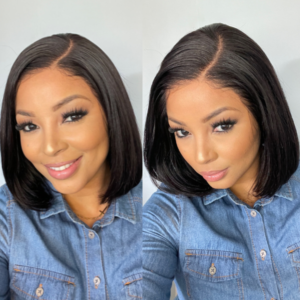 Super Natural C Part Natural Black / Blonde Highlight Glueless Lace Bob Wig 100% Human Hair | Fits All Face Shapes