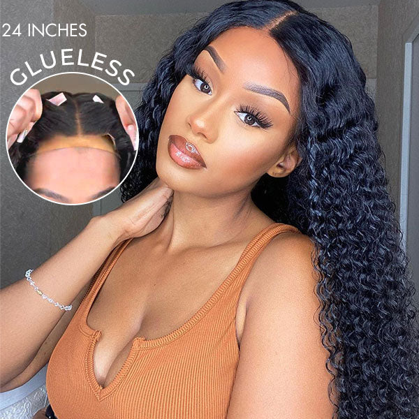 Deep Wave 4x4 Closure Lace Glueless Mid Part Long Wig 100% Human Hair