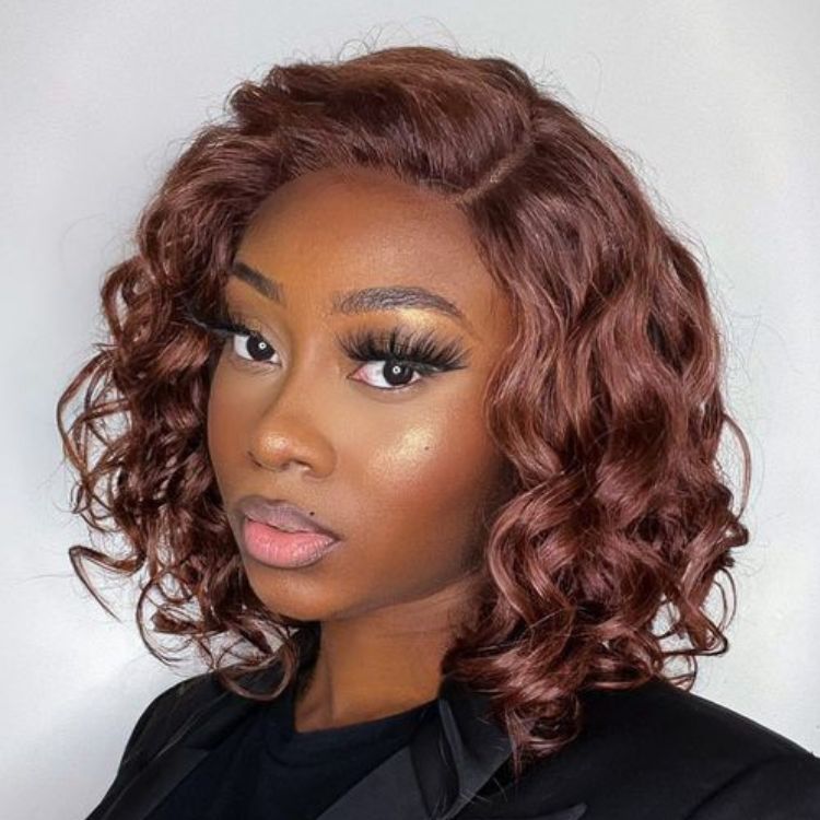 Chocolate Light Brown Wavy Minimalist HD Lace Glueless C Part Short Wig 100% Human Hair