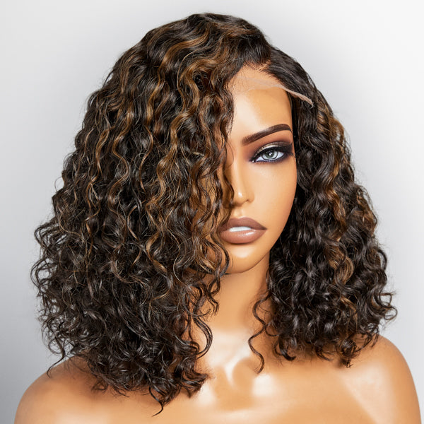 Win Back | Casual Blonde Highlights Curly Minimalist HD Lace Glueless C Part Short Wig 100% Human Hair