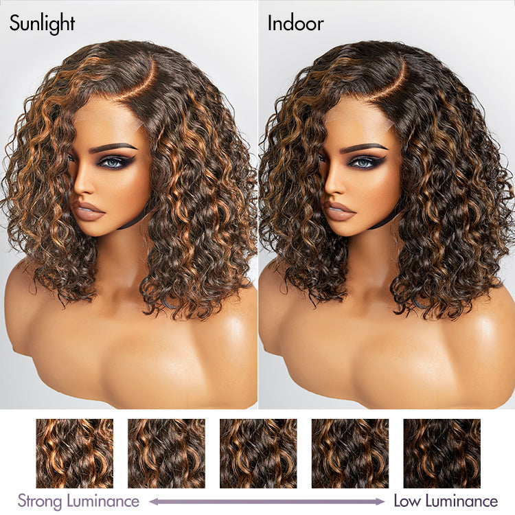 Casual Blonde Highlights Curly Minimalist HD Lace Glueless C Part Short Wig 100% Human Hair