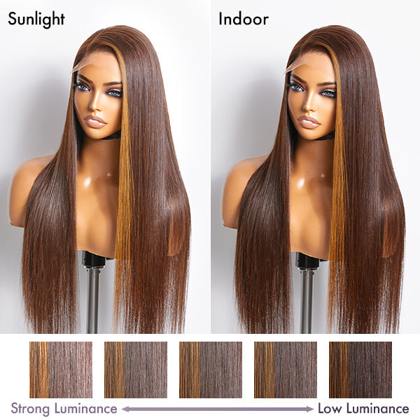 Brown with Blonde Highlight Silky Straight Glueless 5x5 Closure Lace Wig 100% Human Hair