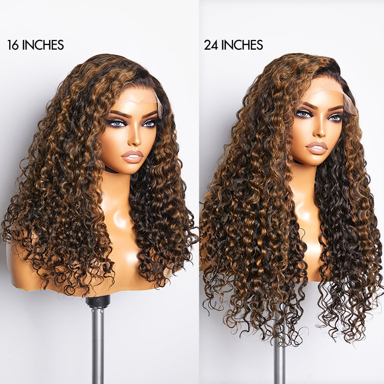 Brown Highlights Funmi Curly Glueless 5x5 Closure Lace Wig Beginner Friendly | Large & Small Cap Size