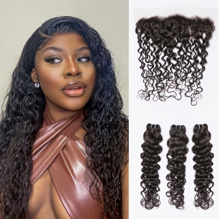 Water Wave 13x4 Lace Frontal with 3 Bundles 100% Human Hair