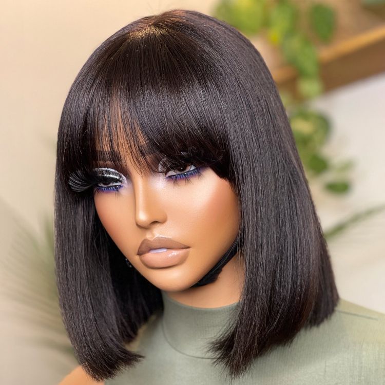 Exclusive Discount Offer | Put On and Go Realistic Glueless Yaki Straight Bob with Bangs Minimalist Lace Wig 100% Human Hair