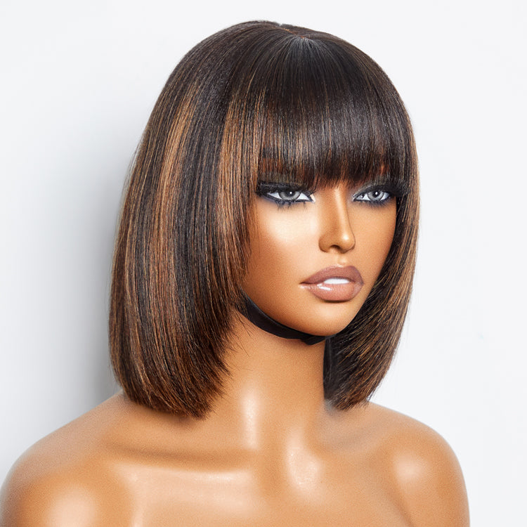 Put On and Go Reddish Purple / Brown Highlight / Natural Black Layered Cut Yaki Straight Minimalist Lace Bob Wig with Bangs