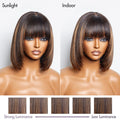 Put On and Go Reddish Purple / Brown Highlight / Natural Black Layered Cut Yaki Straight Minimalist Lace Bob Wig with Bangs