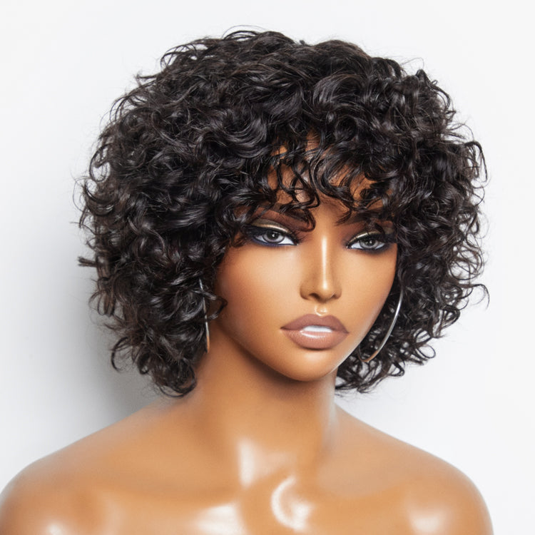 Beginner Friendly Trendy Water Wave Light Weight Glueless Short Cut Wig with Bangs | Not Sold Separately