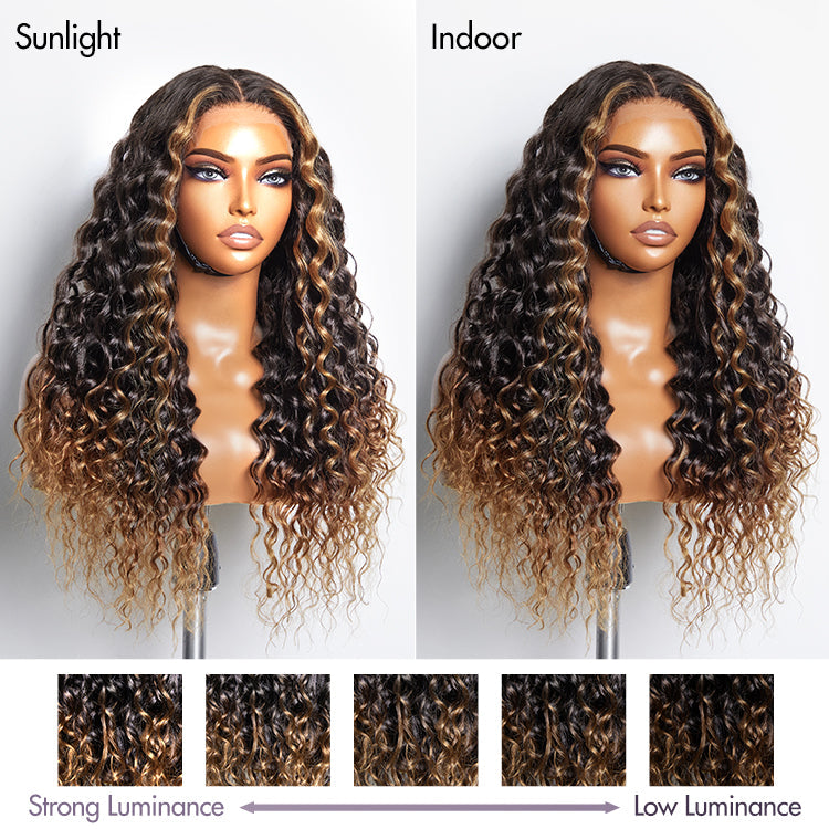 Fluffy Brown Ombre Highlights Water Wave Glueless 5x5 Closure HD Lace Wig