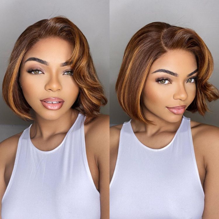 VIP Price | Limited Design | Toffee Brown Mix Blonde / Natural Black Layered Cut Glueless 5x5 Closure Lace Bob Wig