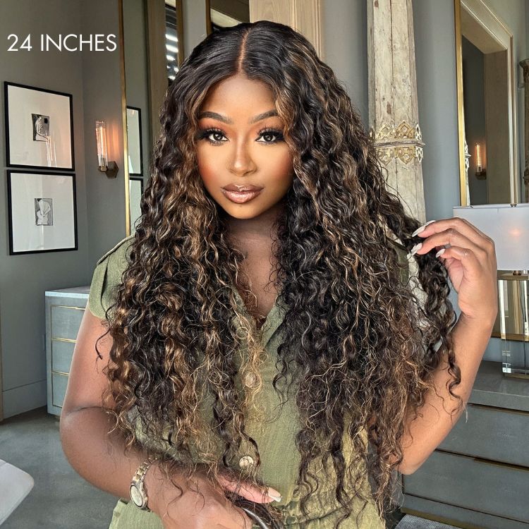 Brown Highlights Funmi Curly Glueless 5x5 Closure Lace Wig Beginner Friendly | Large & Small Cap Size