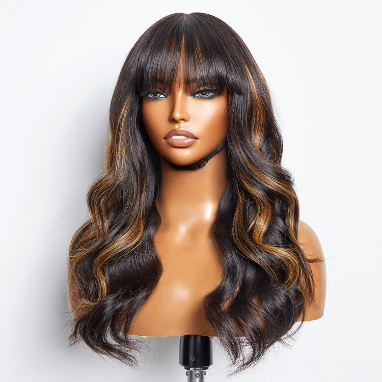 Loose Wave 5x5 Closure Lace Glueless Long Wig with Cute Bangs 100% Human Hair | Face-Framing