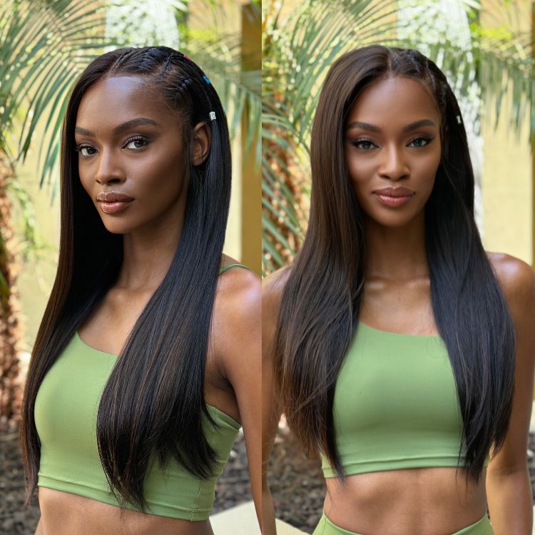 Limited Design | Natural Black Left Side Braids Straight Glueless 13x4 Frontal HD Lace Long Wig 100% Human Hair