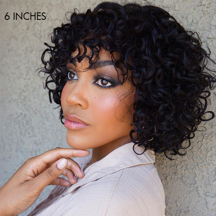 Light Weight Short Cut Water Wave Glueless Minimalist Lace Wig with Curly Bangs