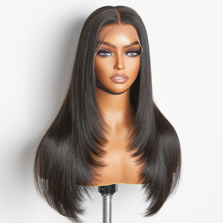 Layered Cut Soft Silky Straight Ear-to-ear Mid Part Glueless 5x5 Closure Lace / 13x4 Frontal Lace Wig