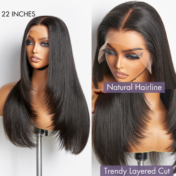 Layered Cut Soft Silky Straight Ear-to-ear Mid Part Glueless 5x5 Closure Lace / 13x4 Frontal Lace Wig