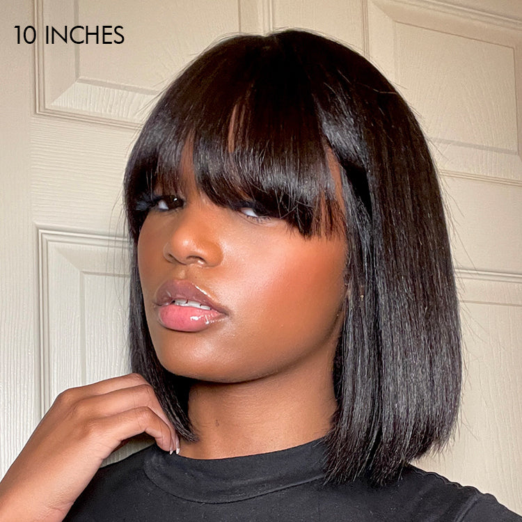 Exclusive Discount | Put On And Go Realistic Glueless Yaki Straight Bob With Bangs Minimalist Undetectable HD Lace Wig 100% Human Hair