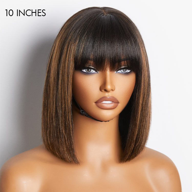 Put On and Go Realistic Glueless Yaki Straight Bob with Bangs Minimalist Lace Wig 100% Human Hair