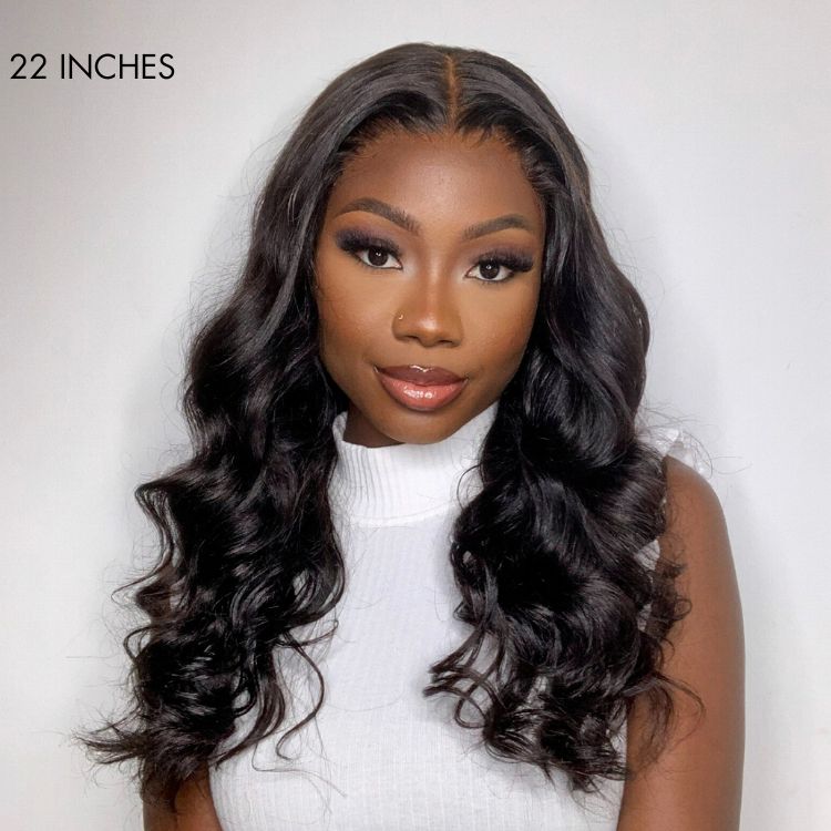 180% Density | Natural Black Loose Body Wave 5x5 Closure HD Lace Glueless Mid Part Long Wig | Large & Small Cap Size