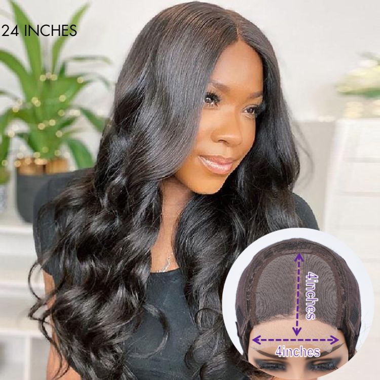 Points Rewards | Super Easy Natural Black Body Wave 4x4 Closure Lace Glueless Mid Part Long Wig 100% Human Hair