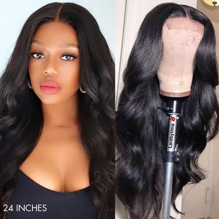 Super Easy Natural Black Body Wave 4x4 Closure Lace Glueless Mid Part Long Wig 100% Human Hair