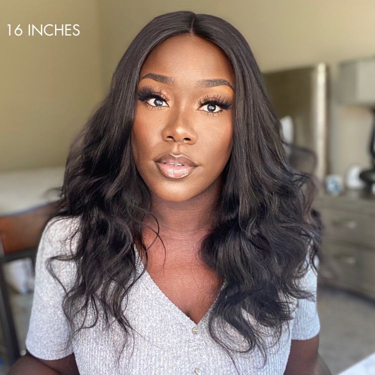 Points Rewards | Super Easy Natural Black Body Wave 4x4 Closure Lace Glueless Mid Part Long Wig 100% Human Hair