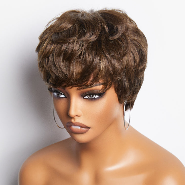 Pixie Cut Blonde Highlight No Lace Glueless Short Wig with Bangs Ready to Go | Not Sold Separately