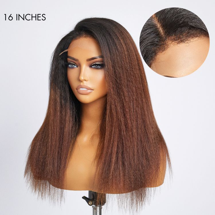 Win Back | 4C Edges | Natural Black / Ombre Brown Kinky Edges Kinky Straight 5x5 Closure Glueless Long Wig