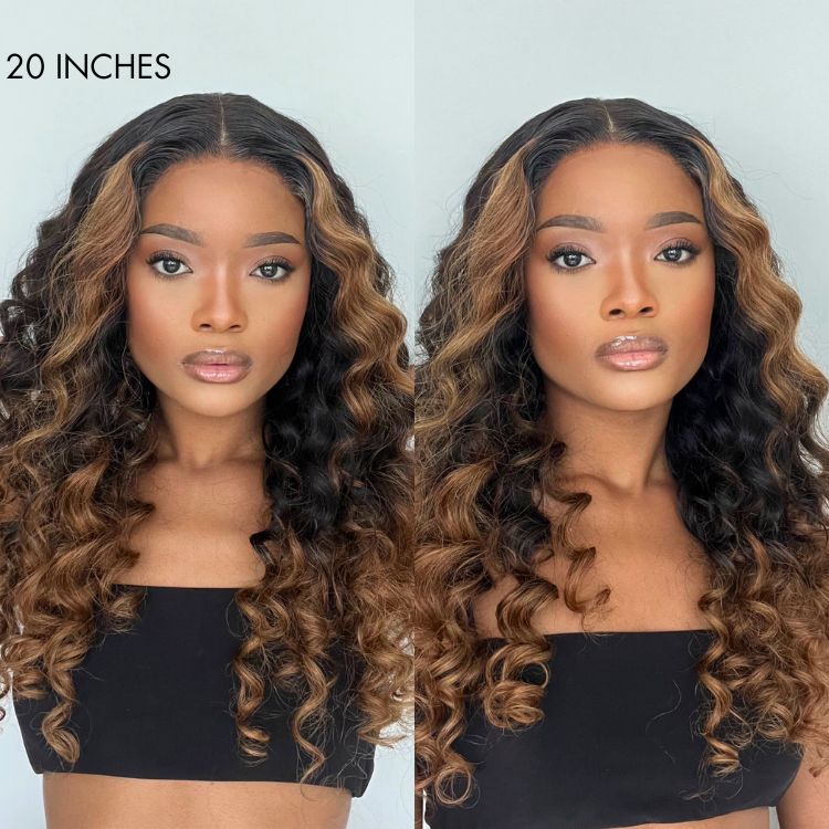 Fluffy Brown Ombre Highlights Water Wave Glueless 5x5 Closure HD Lace Wig