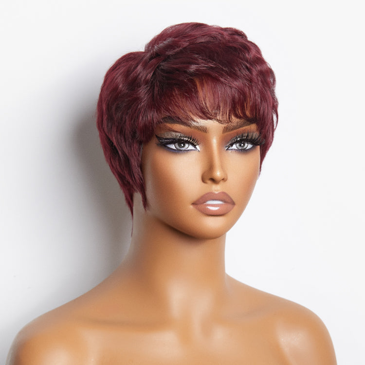 Burgundy 99J Short Pixie Cut Ready To Go Wig 100% Human Hair