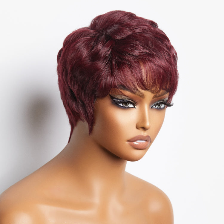 Burgundy 99J Short Pixie Cut Ready To Go Wig 100% Human Hair