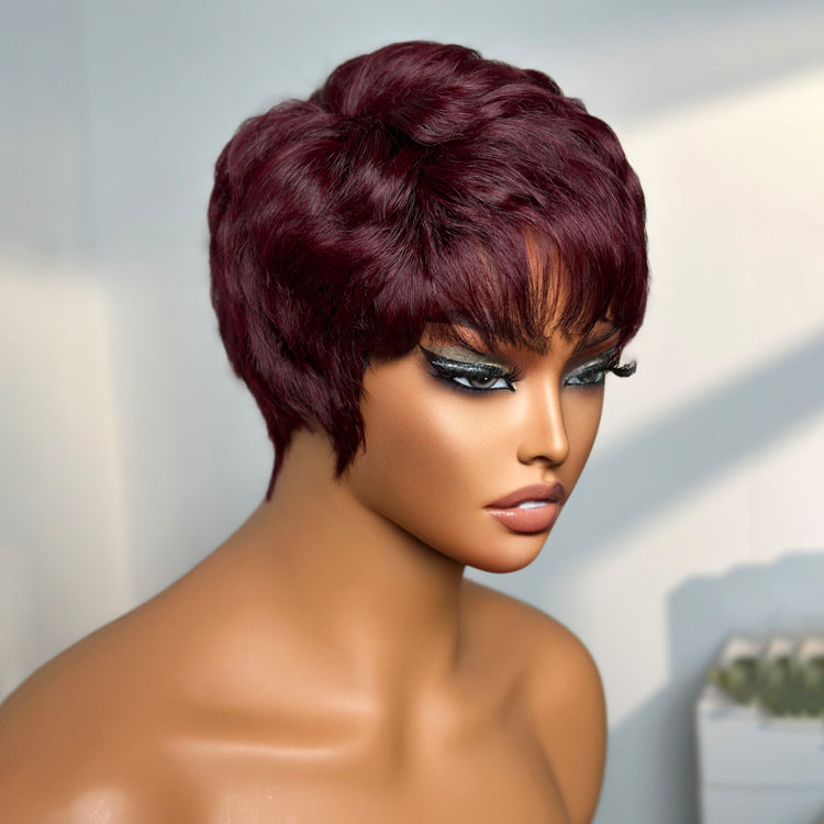 Burgundy 99J Short Pixie Cut Ready To Go Wig 100% Human Hair