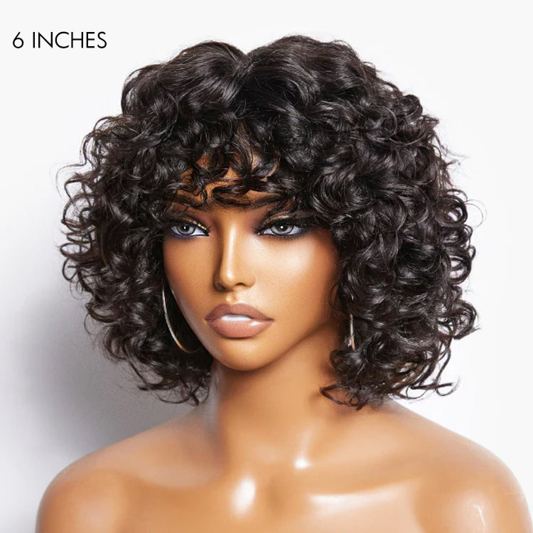 Light Weight Short Cut Water Wave Glueless Minimalist Lace Wig with Curly Bangs