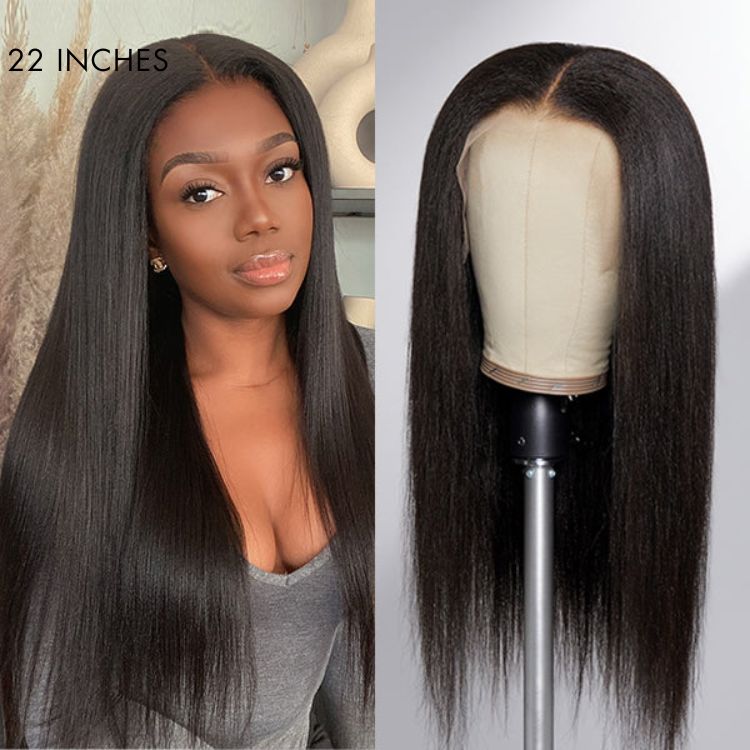 Natural Hairline Yaki Straight Glueless 13x4 Frontal Undetectable HD Lace Long Wig 100% Human Hair