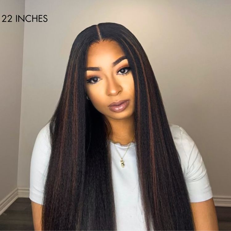 Highlight Kinky Straight Mid Part Glueless 5x5 Closure Undetectable HD Lace Wig