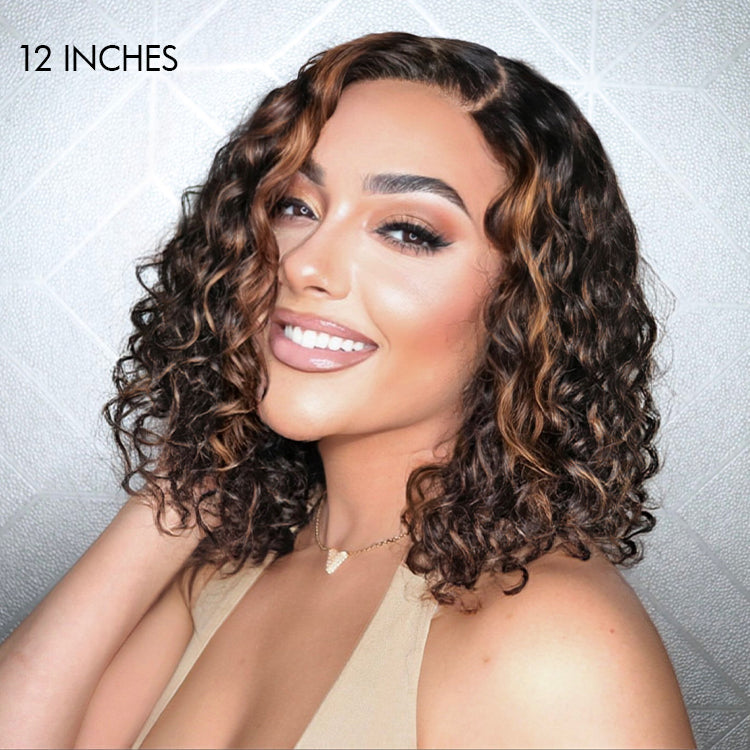 Crazy Wednesday | Casual Blonde Highlights Curly Minimalist HD Lace Glueless C Part Short Wig 100% Human Hair