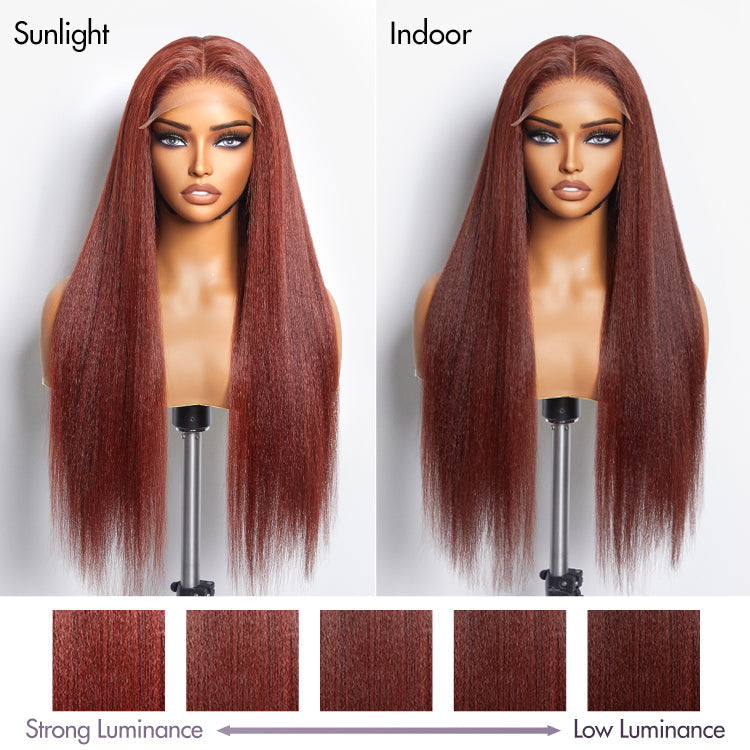 Realistic Reddish Brown Kinky Straight Glueless 5x5 Closure Lace Wig for All Skin Tones