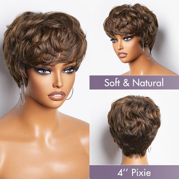 Pixie Cut Blonde Highlight No Lace Glueless Short Wig with Bangs Ready to Go | Not Sold Separately