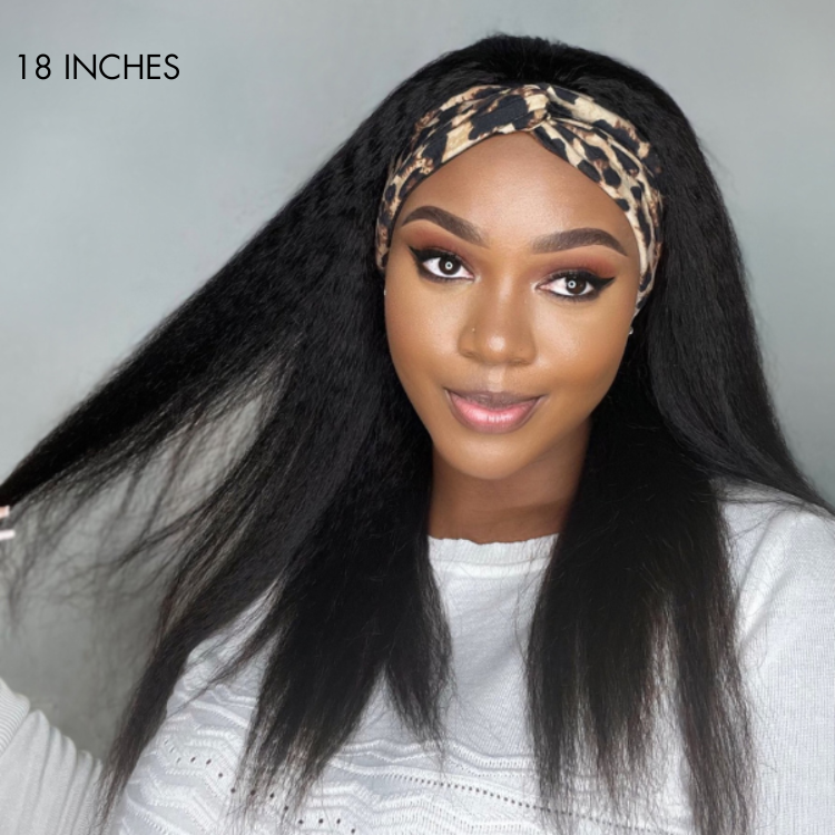 Put On & Go Glueless Kinky Straight Headband Long Wig 100% Human Hair (Get Free Trendy Headbands)